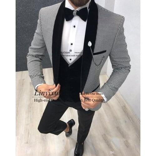 Elegant 3 Piece Men Suit 2020 Morning Dinner Party Prom Suit Houndstooth Groom Wedding Men Suit Blazer Slim Fit Best Man Tuxedo