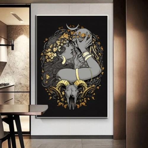 Gothic Goddess Skull Vine Canvas Painting Mythology Figure Posters Prints Black and Gold Wall Pictures for Living Room Decoratio