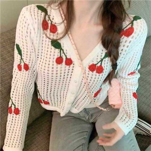 Cut Out Sweet V-neck Long Sleeve Knitted Cardigan Womens 2021 Summer Short Loose Age Reducing Top Fashion