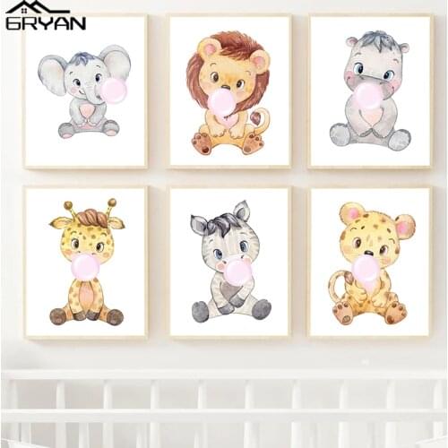 Baby Nursery Cartoon Canvas Poster Animal Lion Giraffe Leopard Elephant Blowing Bubbles Print Painting Child Kids Room Picture
