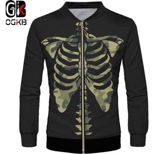 OGKB Mens New Creative Interesting Large Size Zip Jacket Casual Funny 3D Printed Camouflage Skeleton Black Zipper Coat 6XL