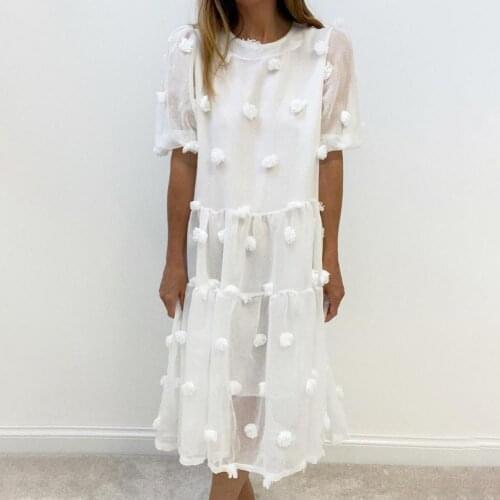 Summer Dress Ladies Dress Puff Sleeve Loose Casual Net Yarn Small Flower Ball Dress Party Dresses Women vestido de muje Robe Hot