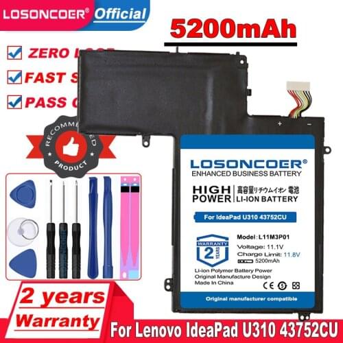 LOSONCOER Top Brand 100% New 5200mAh 3ICP5/56/120 L11M3P01 laptop Battery for Lenovo IdeaPad U310 43752CU Ultrabook in stock