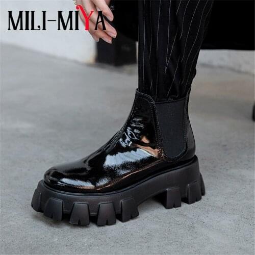 MILI-MIYA Fashion Women Cow Leather Ankle Boots Solid Color Flat With Platform Slip-On Round Toe Waterproof For Lady Size 34-40