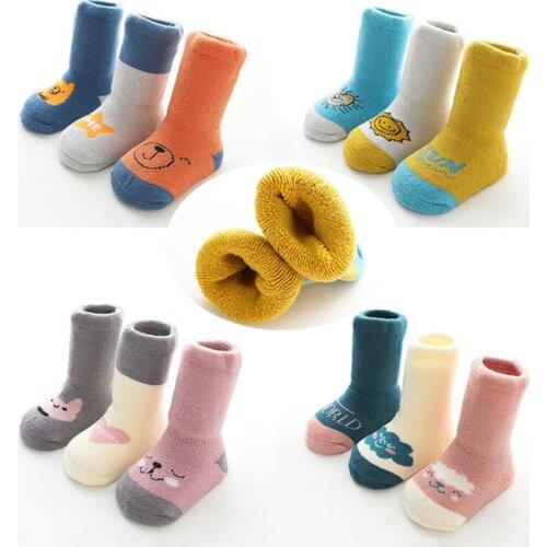 3 Pair/lot Childrens Warm Socks Cartoon Pattern Sweat Socks Autumn And Winter Baby Girls Boys Socks For 0-5 Years olds