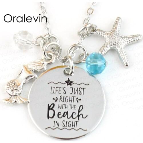 Wholesale LIFES JUST RIGHT WITH THE BEACH IN SIGHT Engraved Disc Pendant Charms Necklace Lover Gift Jewelry 10Pcs/Lot,#LN150
