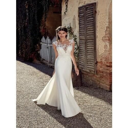 Scoop Neck Satin Mermaid Bohemia Wedding Dresses 2020 Cap Sleeves Tulle Lace Applique Plus Size Wedding Bridal Gowns