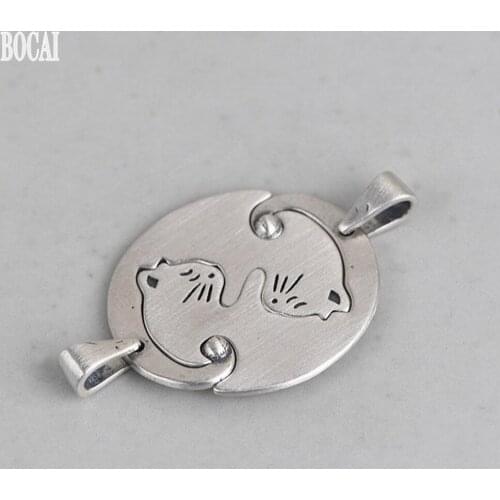 BOCAI New real S925 pure silver retro craftsmanship never separate couple pendant Thai silver matte cat pendant for men and wome