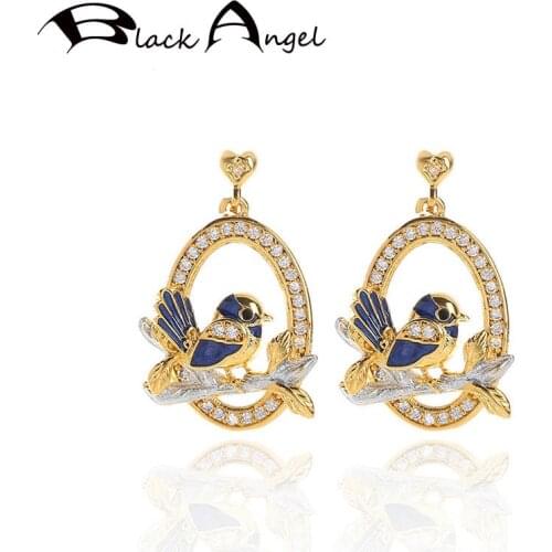 BLACK ANGEL Blue Enamel Cute Birds Sparrow Magpie Branches Drop Earrings 2020 New For Women 925 Silver Fashion Jewelry Wholesale