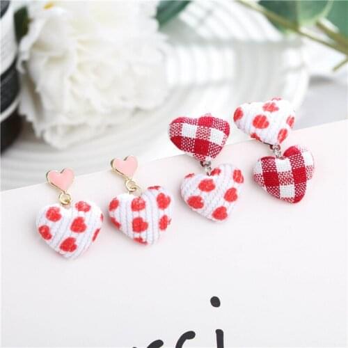 LOVOACC Autumn Winter Soft Plush Love Heart Earrings for Women Printed Plaid Cloth Heart Hanging Dangle Earrings Sweet Jewelry
