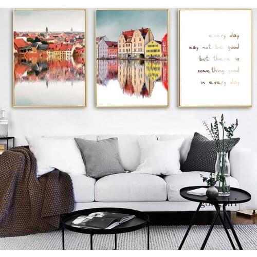 Quiet Nordic Town Reflection Canvas Painting Abstract Retro Landscape Poster and Print Modern Decorative Pictures for Home Decor