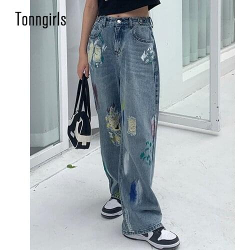 Tonngirls Vintage Wide Leg Pants Casual Loose Ripped Jeans For Women Blue Y2k Vintage Jeans High Waist Denim Jeans Womens 2021