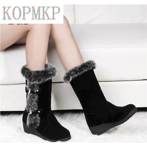 2020 Winter Women Boots Warm Fur Mid-Calf Wedges Boots Shoes Women Slip-On Round Toe Flats Snow Boots Shoes Muje Plus 35-42