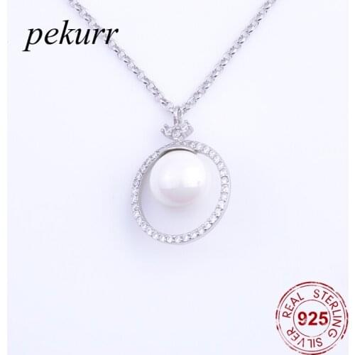 Pekurr 925 Sterling Silver Hollow CZ Round Circle Hoop Baroque Pearl Necklaces For Women Long Pendants Silver Choker Gifts