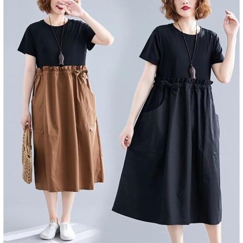 2021 New Summer Dress Literary Pleated Stitching Women Dresses Vestidos Robe Loose Vintage Short Sleeve Long Dress