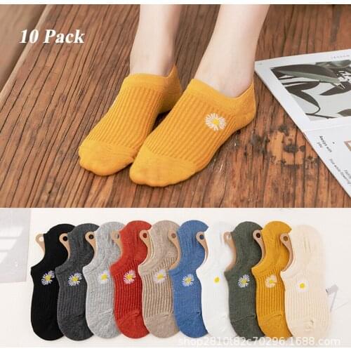 10 Pairs/set Low Cut Cotton Socks for Women Black White Yellow Khaki 10 Solid Colors Flower Patterned Invisible Sock Anti-slip