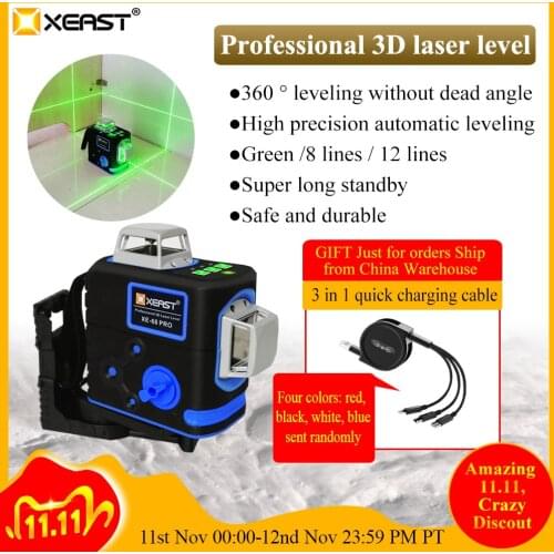 2D Professional 8-line Laser Horizontal Vertical and Horizontal Cross Strong Green Laser Beam 360 Degree XEAST XE-67G PRO
