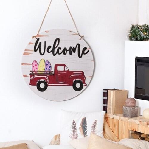 AT69 -Interchangeable Seasonal Red Truck Welcome Door Sign Wooden Round Door Hanger Wreaths Signs for Farmhouse Home Decor