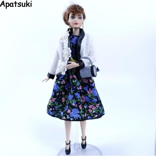 White Coat & Royalblue Countryside Floral Dress For Barbie Doll Outfits Handmade Clothes Set for 1/6 Doll Accessories Kids Toy