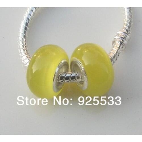 Free Shipping 50pcs 8x14mm silver plated core Big Hole cat eye yellow Glass Beads fit European Jewelry Bracelet Charms DIY