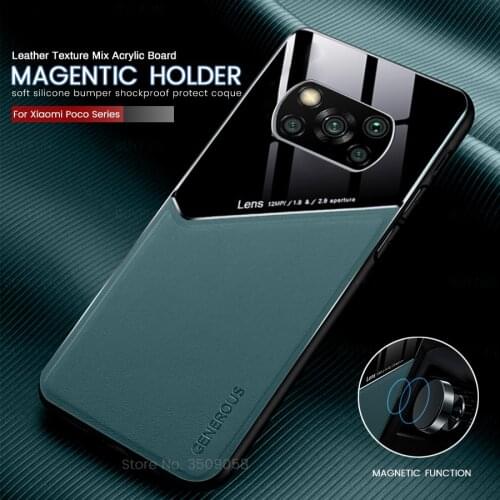 PU Leather Glossy TPU Soft Frame Shockproof Coque For Poco X3 Pro NFC Fundas Poko Little X 3 GT Car Magnetic Suction Holder Case