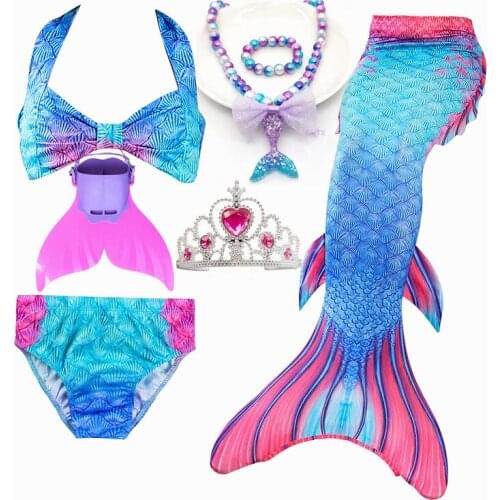 Kids Swimmable Mermaid Tail for Girls Swimming Suit Mermaid Costume Swimsuit Monofin Fin Necklace with Crown