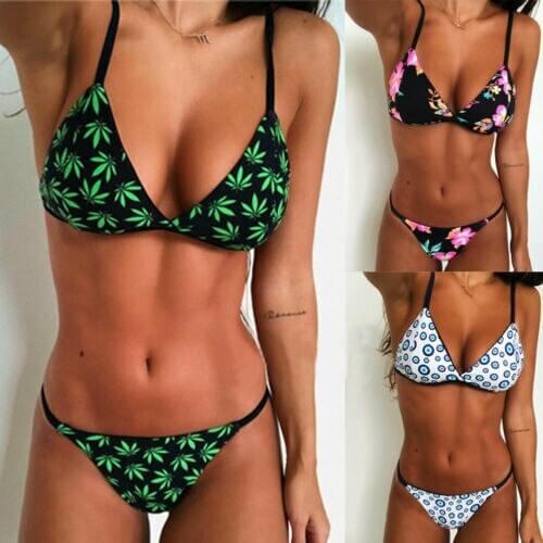 Summer Sexy Bikinis Set Women Swimwear Micro Printed Push Up Padded Bra Thongs Neon Bandage Swimsuit Bathing Suit