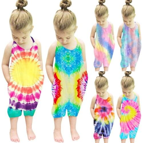 Summer Children Kids Baby Girls Sleeveless Halter Tie Dye Floral Print Romper Jumpsuit Overalls Infant Girls Cotton Clothes