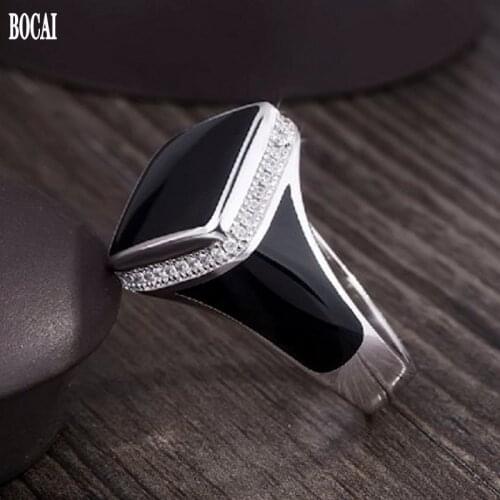 Fashionable new vintage inlaid gemstone mens ring real 925 pure silver ring for Man simple black diamond shaped epoxy rings