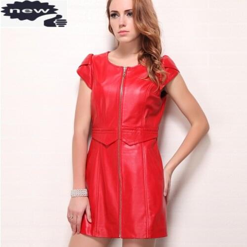 New Chinese Style Short Sleeve High Waist O-Neck Summer Fashion Women Straight Dresses Genuine Leather Sheepskin Slim Dress
