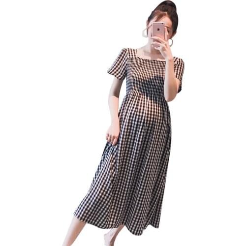 Maternity Wear Summer 2020 New Korean Style Square Collar Plaid Stretch Fashion Short Sleeve Maternity Dress For Pregnant Women