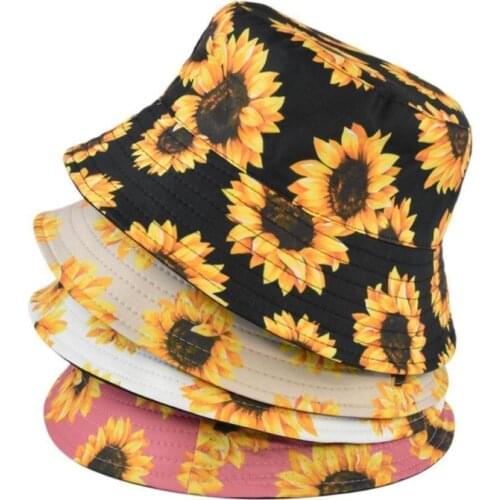 New Fashion Spring Summer Black Floral Fisherman Caps Panama Bob Sunflower Print Bucket Hat For Women Mens