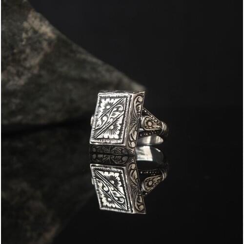 925 Sterling Silver Engraved Traditional Handmade Turkish Signet Ring Jewelry Gift for Women Men Best Craftmanship Lion Symbol