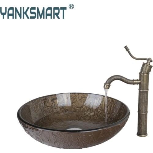 BrownRound Tempered Glass Vessel Sink With Antique Brass Bathroom Faucet And Pop Up Drain Bathroom Sink Set DD425396006