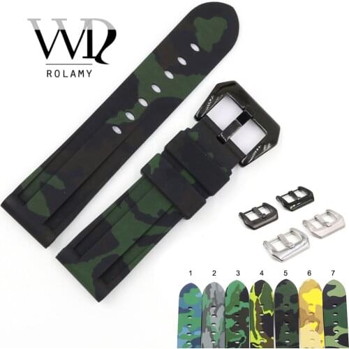 Rolamy 22 24mm Camo Black Dark Green Waterproof Silicone Rubber Replacement Wrist Watch Band Strap Loops For Panerai Luminor