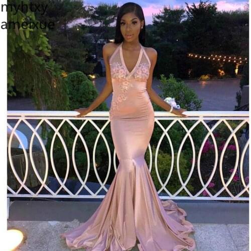 Pink Sexy Mermaid Prom Event Dresses Cheap 2020 African Black Girls Halter Neck Wear Formal Evening Party Gowns Custom Plus Size