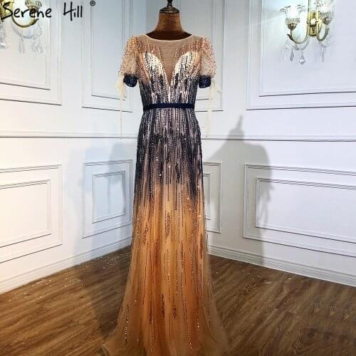 Serene Hill Blue Gold Luxury Evening Dresses Gowns 2020 Short Sleeves Beading Sparkle For Women Party LA70782