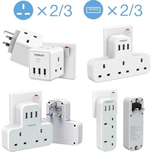 UK Power Strip with 3 USB Charging Ports and 2 Outlets Multi Sockets Wall Charger Electrical Plug 100-250V Adapter for Home