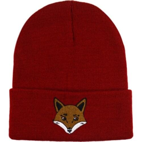 Winfox New Animal Embroidery Knitted Cap Beanie Hat Winter Warm Hats For Women men Gorra Hip hop Skull Bonnet Fox Pattern Caps