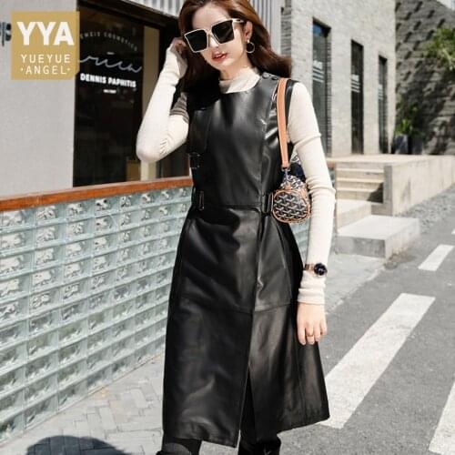High Quality Women Natural Sheepskin Tank Dress Sleeveless Casual Ladies Buckle Genuine Leather Midi Dresses Slim Fit Outerwear