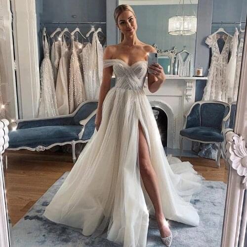 YIWUMENSA Luxury Shinny Tulle A Line Boho Wedding Dress High Split Off Shoulder V Neck Bridal Gowns Sexy Robe De Marriage 2021