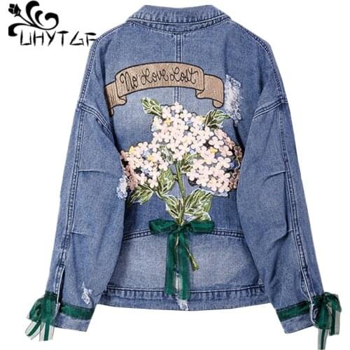 UHYTGF Cheap Wholesale New Embroidered Spring Autumn Denim Jacket Loose Plus Size Outerwear Fashion Casual Jeans Coats Women 228