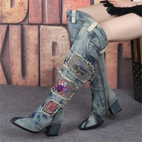 Woman Patch Jean Rhinestone Botas Mujer Fur Warm Thigh High Boots Pointed Toe Chunky High Heel Over The Knee Boots Denim Shoes