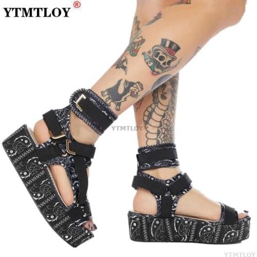 Brand New 2021 Wholesale Creepers Printed Casual Cosy Platform Summer Sandals Women High Heels Shoes Big Size 43 Open Fish mouth