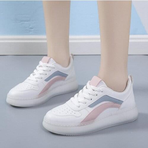 Womens Vulcanized Shoes PU Leather Lace-Up Mixed Color Shallow Female Sneakers Breathable Leisure Ladies Skateboard Fashion New
