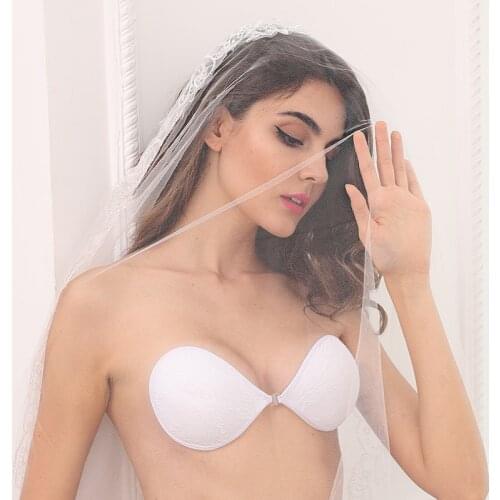 Sanderala Women Lace Comfortable Bralette Fly Front Closure Push Up Bra Strapless Invisible Fly Bras Wedding Sexy White Bustier