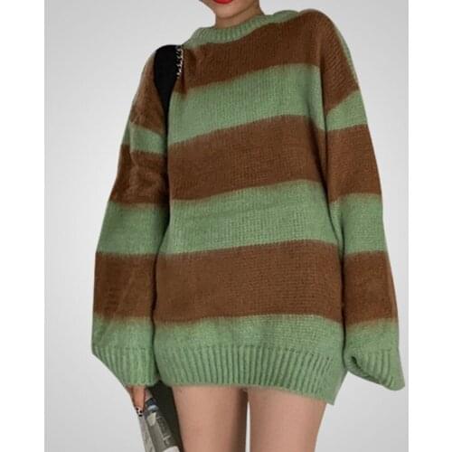 Womens Sweater Korean Autumn And Winter Dark Loose Brushed Sweater Womens New Color-blocking Sleeve Striped Sweater Warm Top