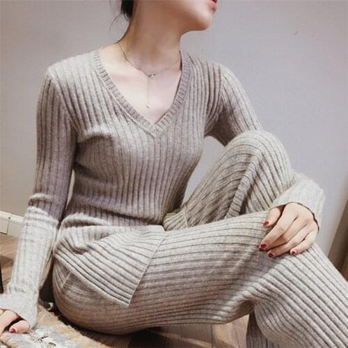 Goat cashmere wool knit women sweater suits mid long Vneck pullover wide-leg trousers set EUsize S/M/L/XL retail customize