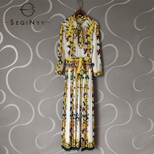 SEQINYY Pleated Dress Spring Autumn New Fashion Design Women Runway Flowers Print Yellow White Vintage Midi Elegant