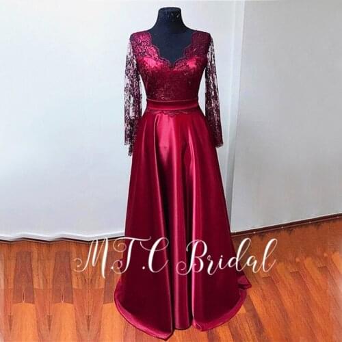 Long Sleeve Burgundy Evening Dress Real Photos 2019 V Neck A Line Backless Formal Occasion Women Dresses Vestido De Festa Cheap